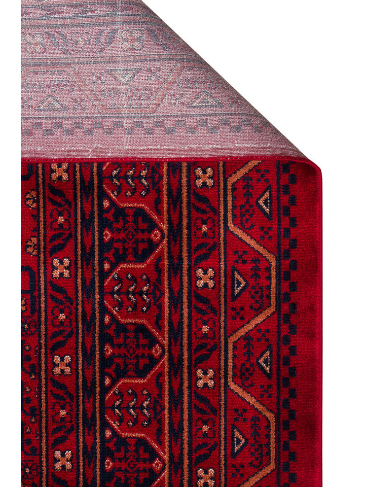 Paghman Series Afghan Patterned Viscose Dense Woven Non-Slip Based Thin Machine-Made Carpet 04 RED