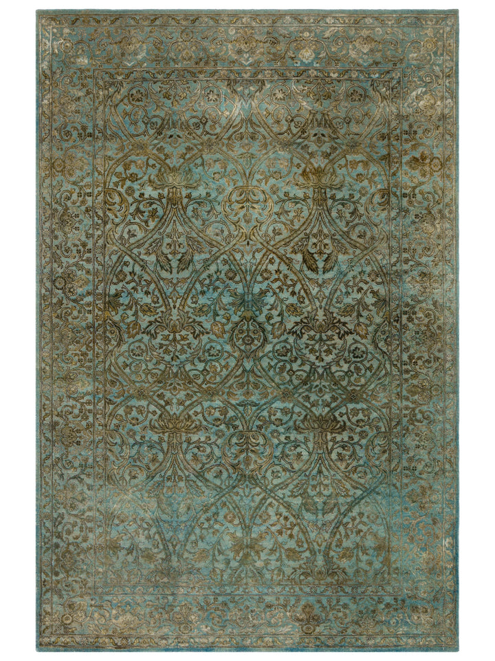 El dokuma Hindistan Jaipur halı Antik Gök Mavisi 183x274 cm kuşbakışı üstten görünüm