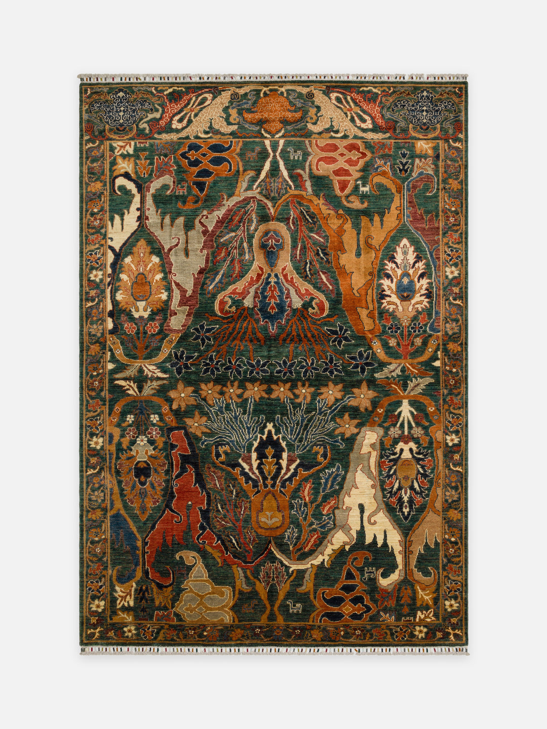 El dokuma Afgan halı zümrüt yeşili kuşlu cennet bahçesi 183x270 cm kuşbakışı tam görünüm