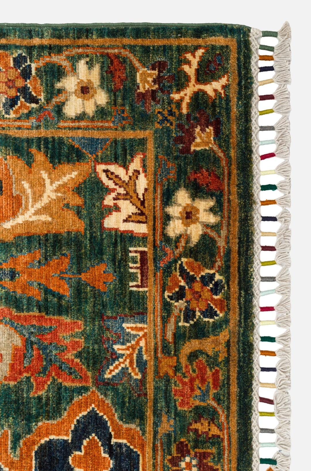 El dokuma Afgan halı zümrüt yeşili kuşlu cennet bahçesi 183x270 cm kenar ve saçak detayı