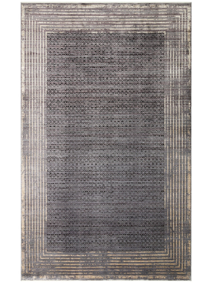 Mumbai Serisi Art Deco Desenli Yüksek Kalite Sık Dokuma Parlak Salon Halısı 01 ANTRASIT GOLD - Carpetdocia