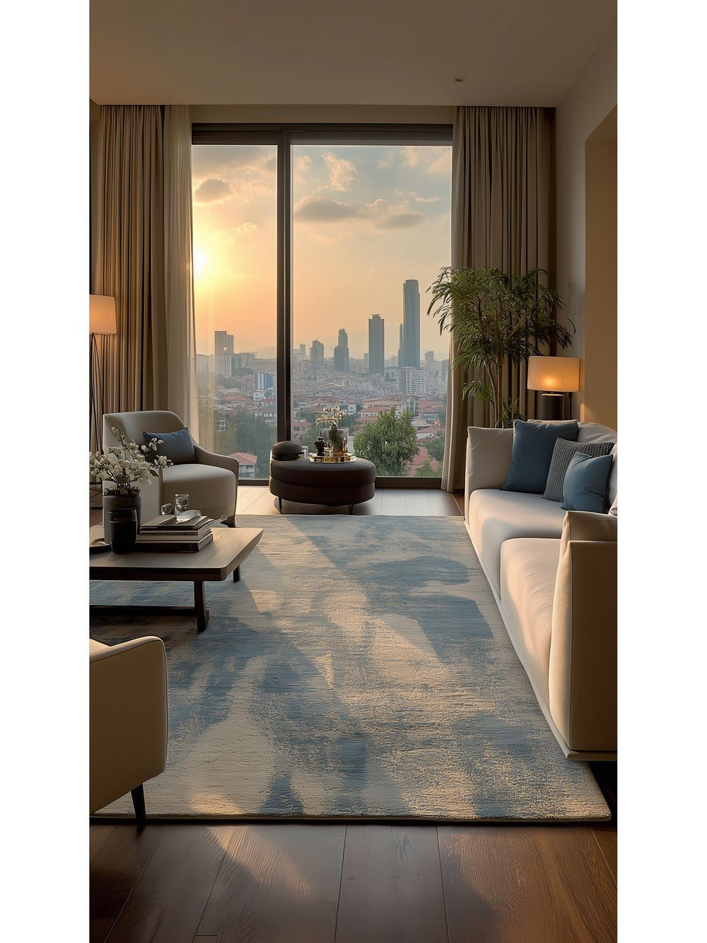 Palette Serisi %100 Naturel Yün Viskon Pamuk El Dokuma İskandinav Salon Oturma Odası Halı BEIGE BLUE - Carpetdocia