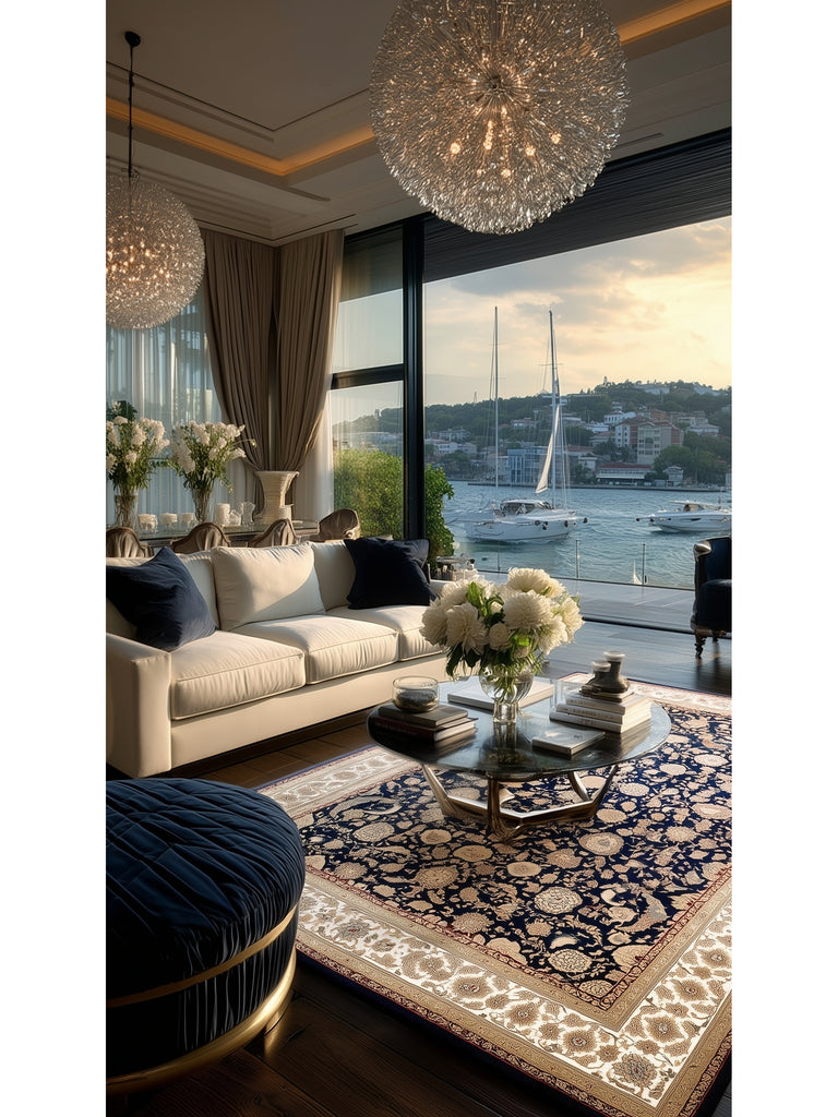 Topkapi Series High Quality Dense Woven Classic Patterned Special Shiny Living Room Carpet 03 NAVY CREAM