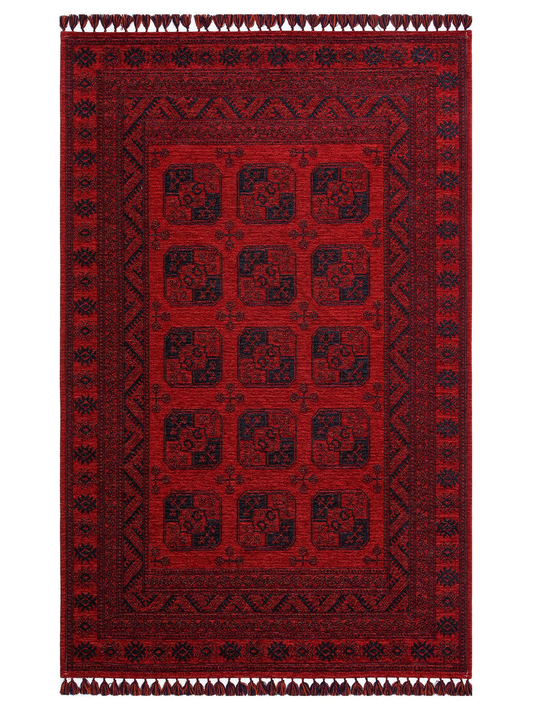 Uygur Afgan Yağcıbedir Desenli Yıkanabilir Kaymaz Oturma Odası Salon Koridor İnce Dokuma Halı 01 RED - Carpetdocia
