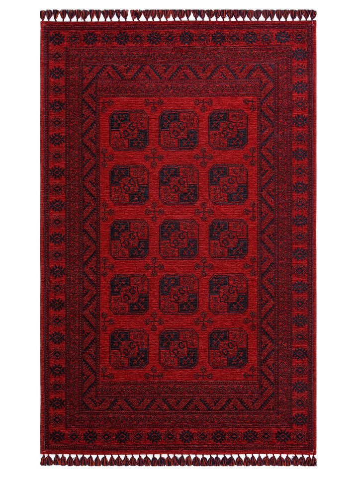 Uygur Afgan Yağcıbedir Desenli Yıkanabilir Kaymaz Oturma Odası Salon Koridor İnce Dokuma Halı 01 RED - Carpetdocia