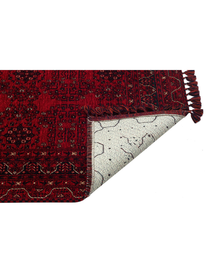 Uygur Afgan Yağcıbedir Desenli Yıkanabilir Kaymaz Oturma Odası Salon Koridor İnce Dokuma Halı 02 RED - Carpetdocia