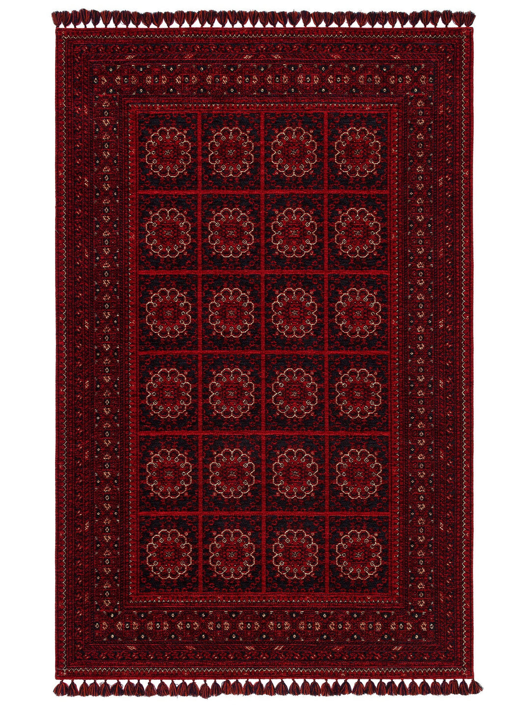 Uygur Afgan Yağcıbedir Desenli Yıkanabilir Kaymaz Oturma Odası Salon Koridor İnce Dokuma Halı 03 RED - Carpetdocia