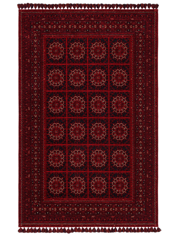 Uygur Afgan Yağcıbedir Desenli Yıkanabilir Kaymaz Oturma Odası Salon Koridor İnce Dokuma Halı 03 RED - Carpetdocia