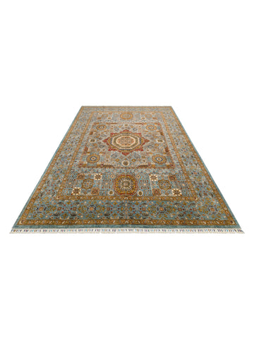 El dokuma Afgan halı açık petrol mavisi Memluk madalyon stüdyo çekimi 246x307 cm