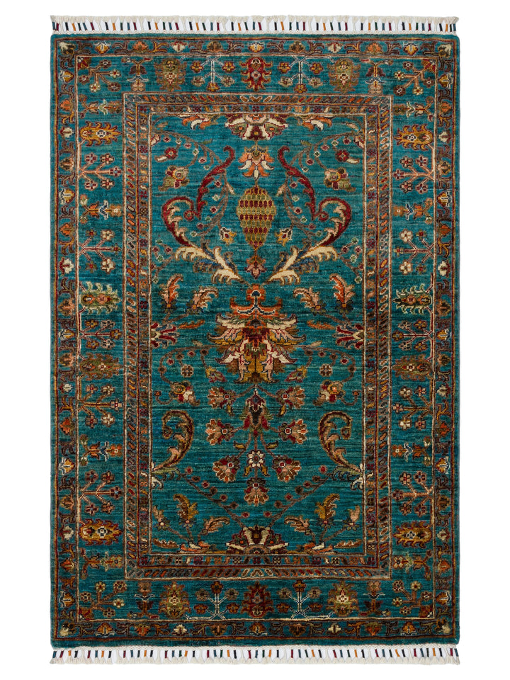 El dokuma Afgan halı petrol mavisi bitkisel desen 104x154 cm