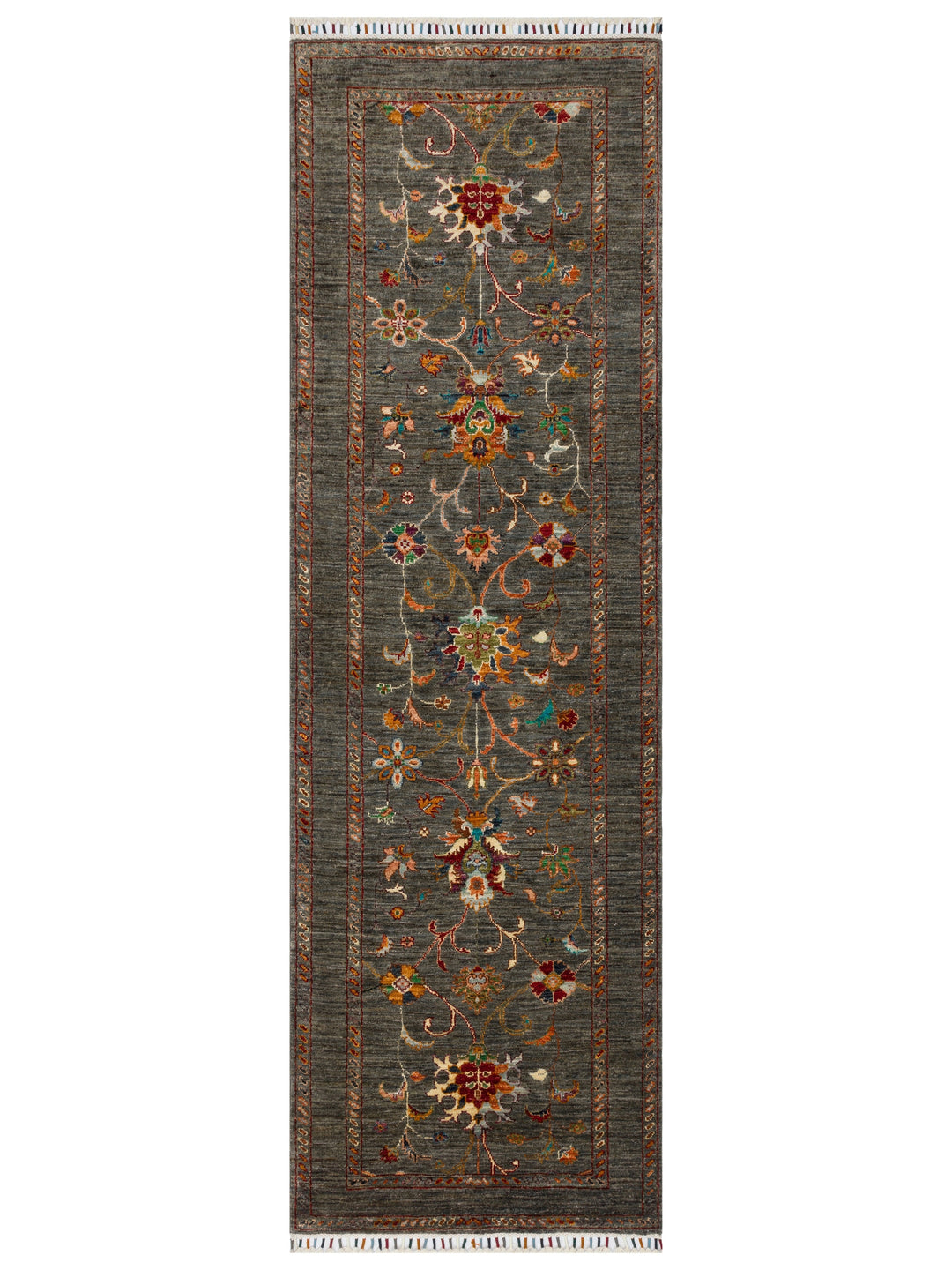 El dokuma Afgan halı antrasit bitkisel desen 83x262 cm