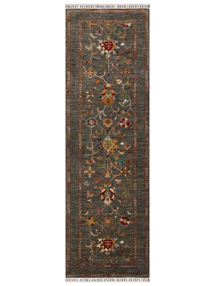 El dokuma Afgan halı antrasit bitkisel desen 83x262 cm