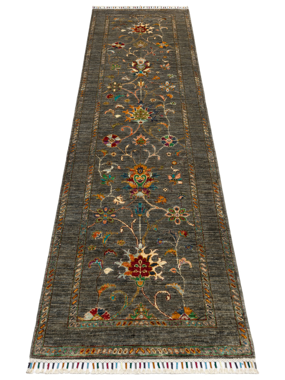El dokuma Afgan halı antrasit bitkisel desen 83x262 cm