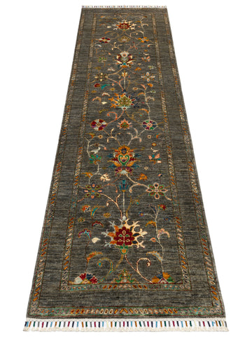 El dokuma Afgan halı antrasit bitkisel desen 83x262 cm