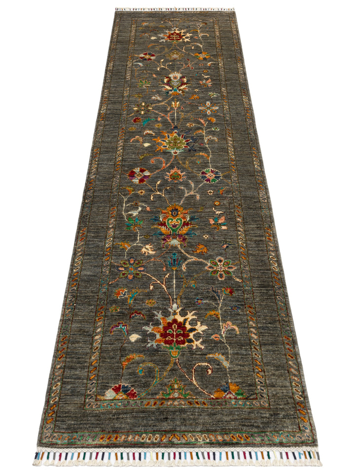 El dokuma Afgan halı antrasit bitkisel desen 83x262 cm