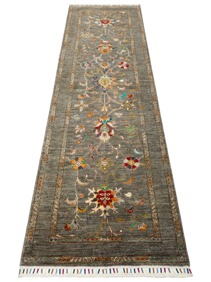 El dokuma Afgan halı antrasit bitkisel desen 83x262 cm