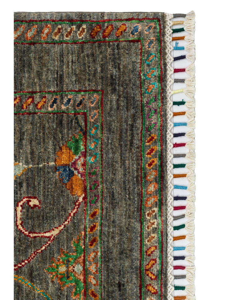 El dokuma Afgan halı antrasit bitkisel desen 83x262 cm