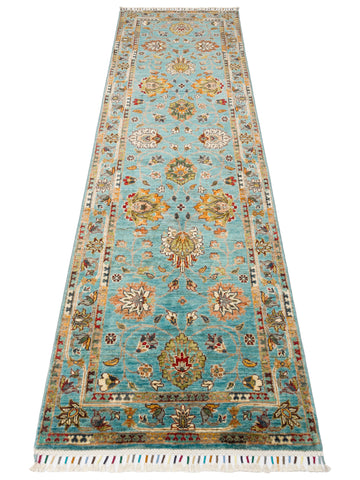 El dokuma Afgan halı petrol mavisi bitkisel desen 85x271 cm