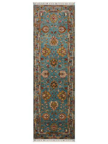 El dokuma Afgan halı petrol mavisi bitkisel desen 85x275 cm