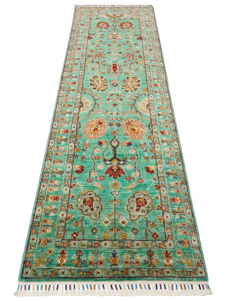 El dokuma Afgan halı turkuaz bitkisel desen 81x251 cm