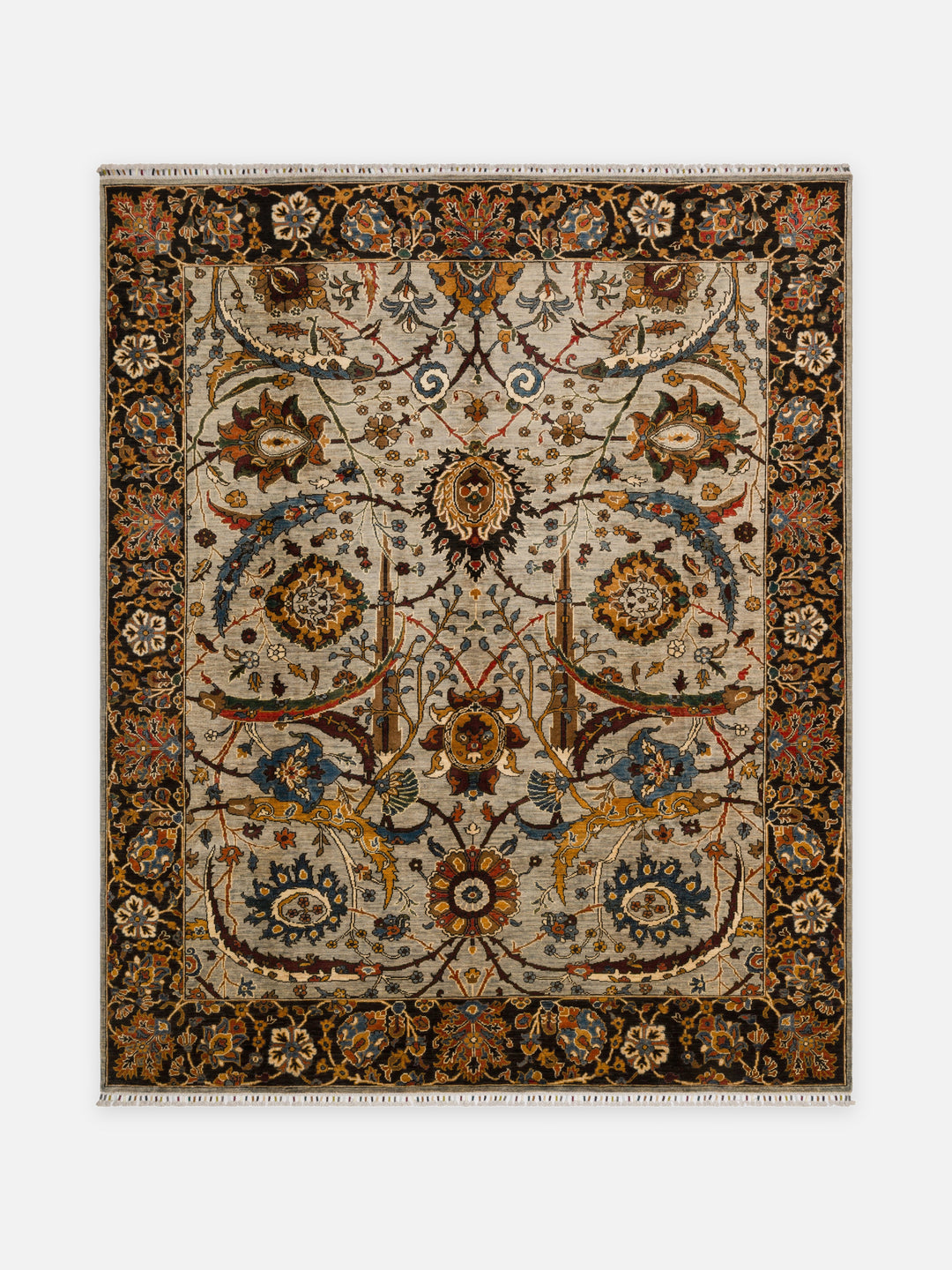 El dokuma Afgan halı fildişi vazo ve iri çiçek 249x302 cm kuşbakışı tam görünüm