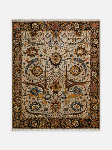 El dokuma Afgan halı fildişi vazo ve iri çiçek 249x302 cm kuşbakışı tam görünüm