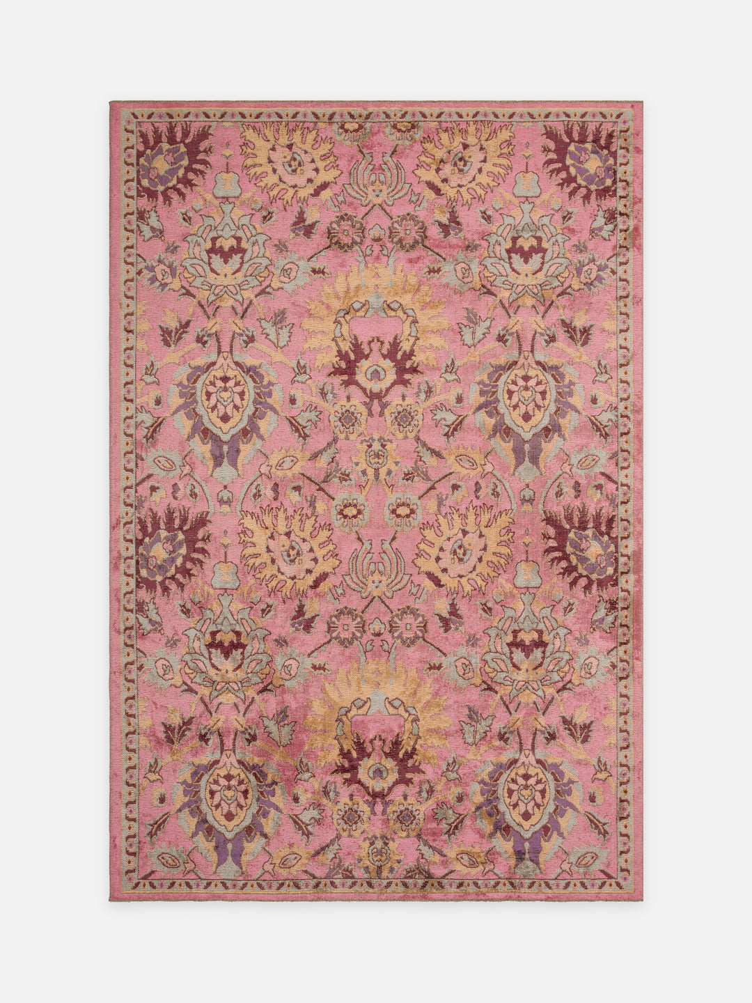 Ruggadocia Mahal Pembe Çiçek Desenli Halı Fuşya kuşbakışı